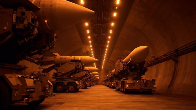Cinematic wide shot of underground missile city bunker with rows of long-range ballistic missiles on transporters
