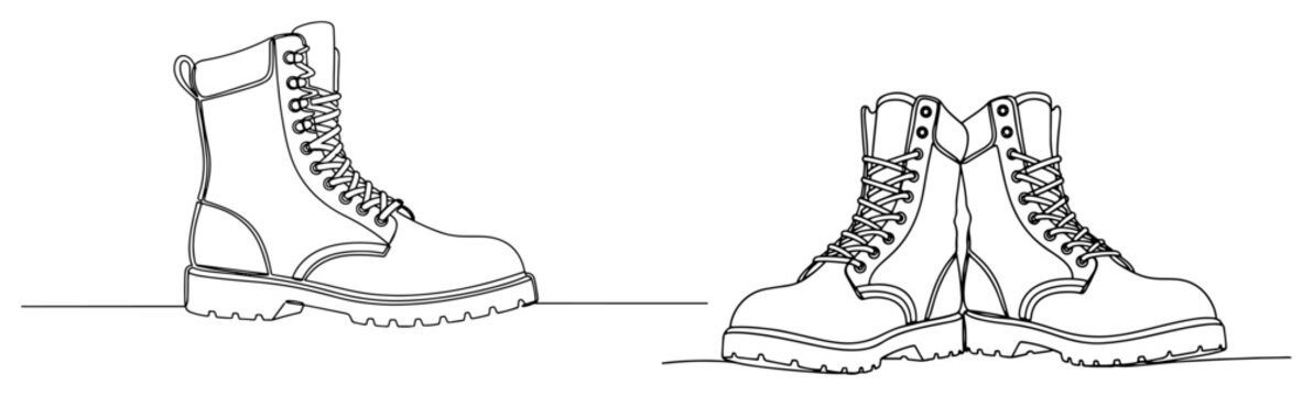 Minimalist continuous one line drawing of rugged military combat boots used by soldiers