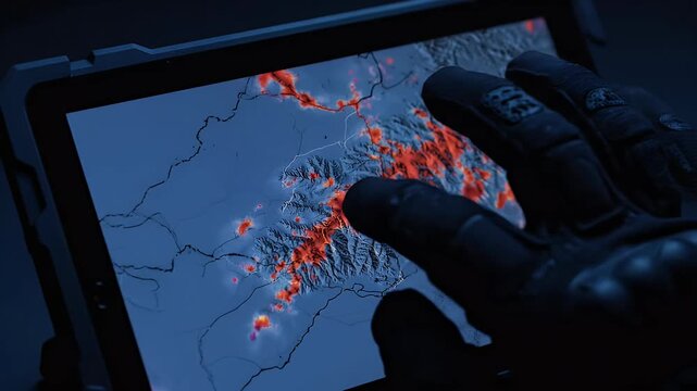 Close-up of tactical tablet screen showing real-time satellite thermal map