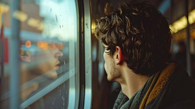 A young man gazes out the train window at a blurred cityscape with people and buildings.