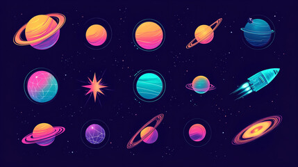 Naklejka premium Flat illustration of science fiction with space objects and abstract energy symbols. Perfect for technology and gaming projects