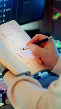 Business Planning Checklist Notebook Workspace, hand writing task list, strategic preparation, project management process, productivity routine, desk setup, financial analysis screens