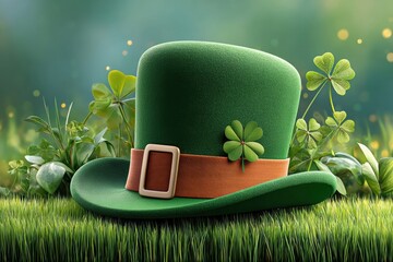 Fototapeta premium Green leprechaun hat with shamrocks on grass for St Patrick's Day celebration and luck