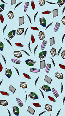 Seamless Pattern with Flying Books and Quill Feathers on Light Blue Background