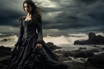 Naklejka premium Woman standing on a dark, rocky shore with ocean waves crashing under a cloudy sky