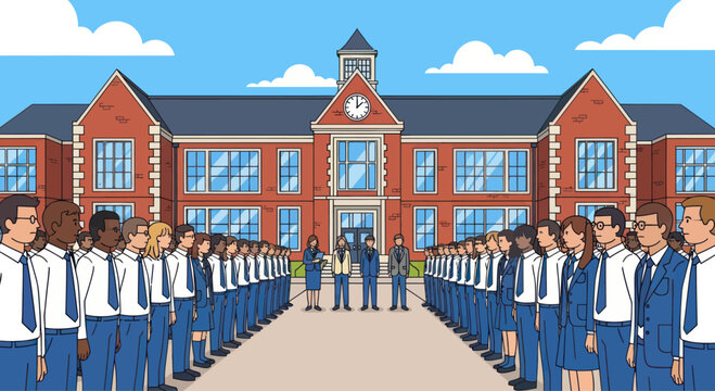 Diverse students line up outside brick school building, ready for class or assembly.