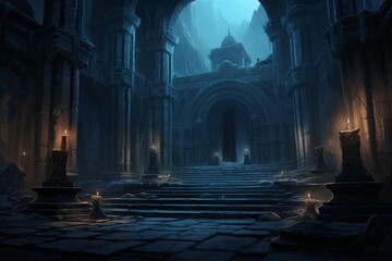 Naklejka premium Ancient stone temple with mysterious glowing candles illuminating its dark, atmospheric interior