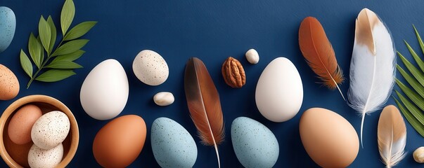 Naklejka premium Arrangement of eggs and feathers on a dark blue background for Easter and spring decor