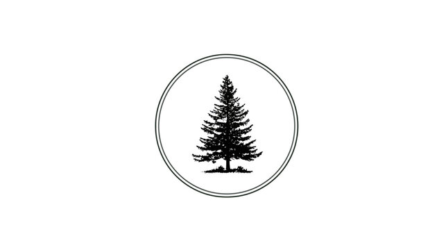 A silhouette of a pine tree is enclosed within a double ring, set against a white background