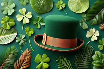 Fototapeta premium St. Patrick's Day leprechaun hat surrounded by clovers and tropical leaves on green background