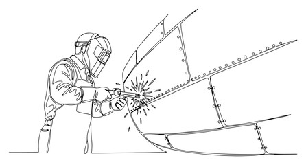 Obraz premium Industrial welder in safety gear working on a large metal ship hull structure in minimalist line art