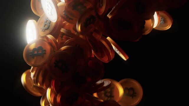 Abstract 3D animation bitcoin tokens swirling in dynamic motion graphics flow. Golden crypto coins rotate in structured system market growth and fall, trading volatility BTC digital finance investment