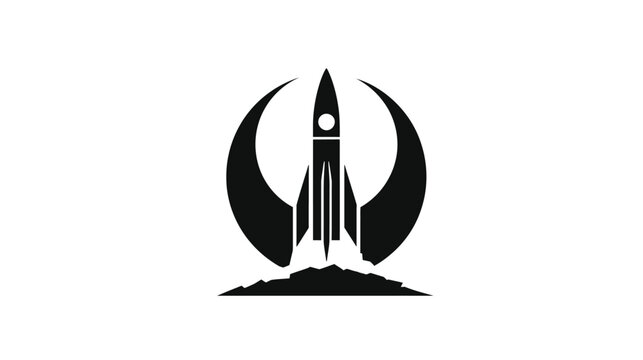 A black and white emblem featuring a rocket launching between two curved shapes. A minimalist design