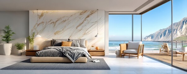Fototapeta premium Modern minimalist bedroom with gray bed, marble wall and expansive ocean view balcony