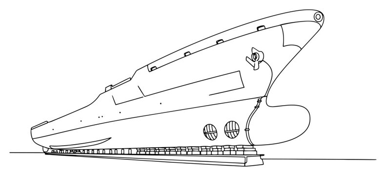 Continuous line drawing of a massive cargo ship hull at a shipyard dock
