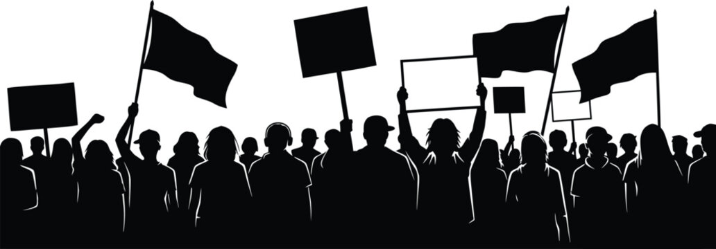 Silhouette of a crowd holding flags in protest or demonstration