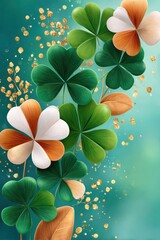 Fototapeta premium St. Patrick's Day shamrock background with green clover, gold glitter and festive bokeh accents