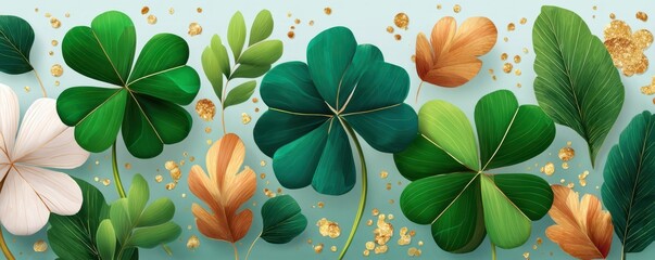 Fototapeta premium St. Patrick's Day shamrock background with green clovers, gold glitter and decorative foliage