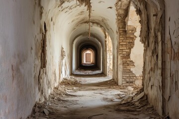 Obraz premium Abandoned architectural tunnel showing crumbling walls and peeling paint with light at the end