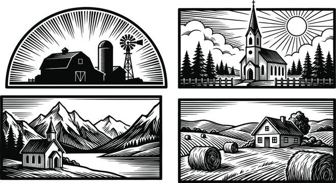 Black and white rustic farm and mountain landscape illustrations with barn, church, windmill and hay bales in woodcut style.