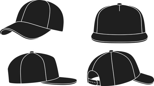 Black baseball cap icons, snapback hat silhouettes, headwear collection from different angles, fashion accessories, clothing vector illustration, isolated apparel design