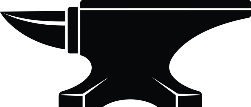 Black blacksmith anvil icon, heavy metal work tool vector illustration, iron forge equipment symbol, industrial craftsmanship hardware element, solid silhouette.