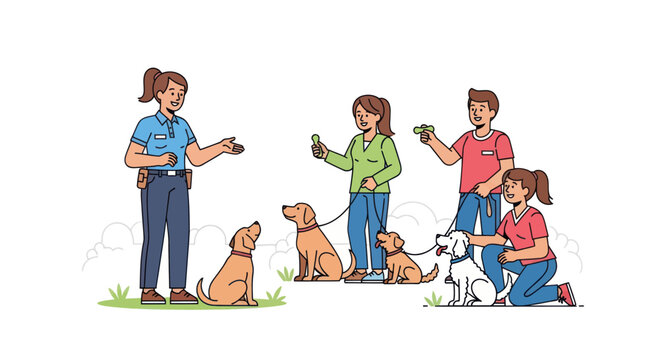 Dog Training Class: Instructor Teaching Owners With Puppies and Dogs