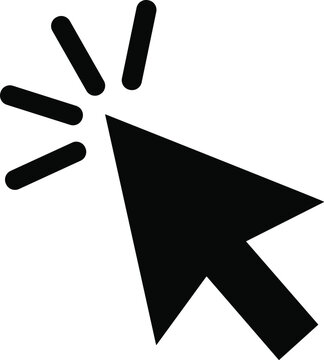 Black computer mouse cursor arrow icon, digital click pointer symbol, website navigation interface graphic, internet link selection vector illustration.