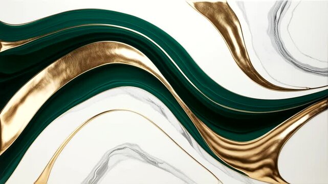 An elegant blend of abstract art and fluid marble. This composition is dominated by dynamic, flowing waves of deep emerald green, contrasted with luxurious metallic gold accents.