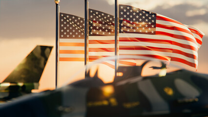 American flags waving near military fighter jets at sunset — US air force patriotic concept, national defense, military technology, homeland security, U.S. Air Force base © Сергей Шиманович