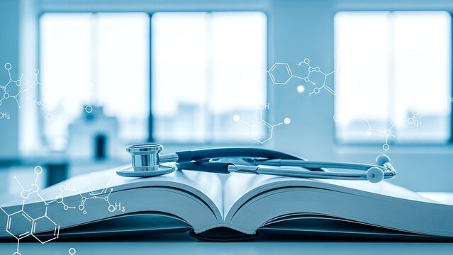 Medical education and scientific exploration with a stethoscope on an open book, enhanced by an abstract gradient, perfect for technology and sci-fi art