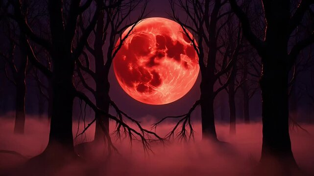 Spooky Blood Moon Rising Over Misty Forest Silhouette