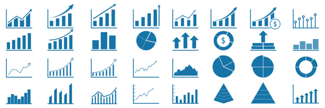 Growth icon set. Containing arrow up, growing graph, business chart icons, Professional Vector Icon Set of 36 Business Charts and Financial Indicators in Flat Design. Includes Bar, Line, Pie, Area. 