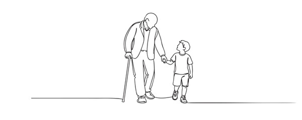 Fototapeta premium single line grandfather and grandson.continuous line drawing of elderly man with cane holding child hand.family bond concept.one line vector illustration.