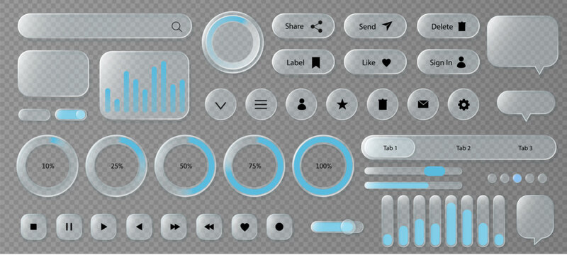 Glassmorphism UI set with transparent battery widgets and frosted toggles for app dashboard mockups, realistic screen design, and glass interface or component illustration