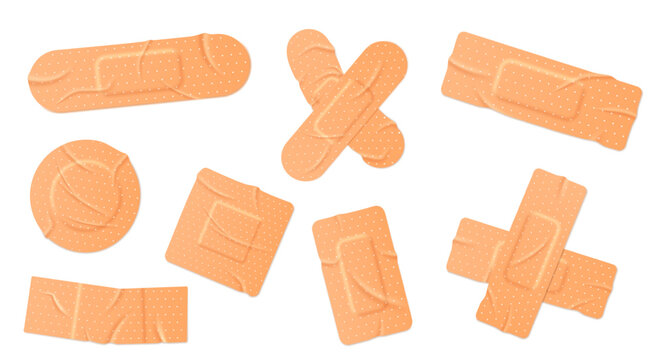 Bandage and adhesive plaster set with 3D realistic textures for first aid wound care banners, medical instruction apps, and pharmacy safety or emergency toolkit design