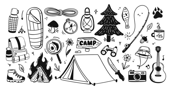 Camping camp hike, doodle trekking and backpack tent outdoor. Campfire flame lantern for compass rope sleeping and bag boots hat. Camping, binoculars knife for guitar fish.