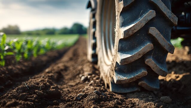 Close-up view of a tractor tire on freshly plowed soil in a field, showcasing agricultural machinery in action during a farming season