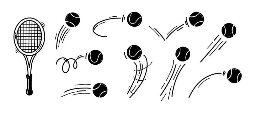 Tennis balls doodle with sport racket serve and volley bounce ballspin. Curve motion speed with trail lines trajectory and hit game racquet. Match court tennis with coaching club sport.