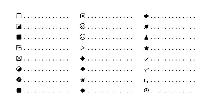 Bullet todo list for checklist points notes and icons planner journal. Bullets menu interface for icon glyph marker and pointer dotted leaf. Bullet tick check for checklist smile sad and points.