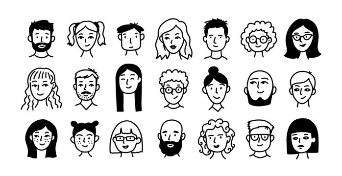 Avatars people face with portrait profile head for character avatar users. Crowd faces heads with diversity male female for boy girl adult. Kid user avatars with vector portrait outline.