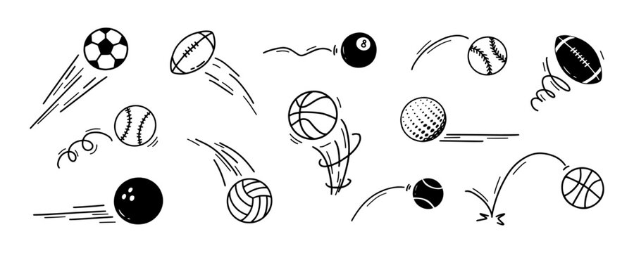 Sports balls soccer with ball bounce football for basketball volleyball baseball. Tennis golf bowling with billiards pool rugby for play game doodle. Match kick sports with spin ball speed.