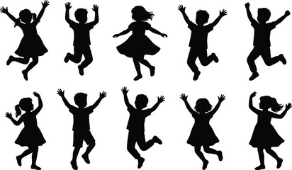 Fototapeta premium Collection of happy jumping children silhouettes with raised hands playful kids isolated on white background set