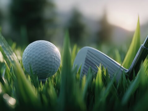 Golf Equipment and Ball on Grass at a Scenic Golf Course