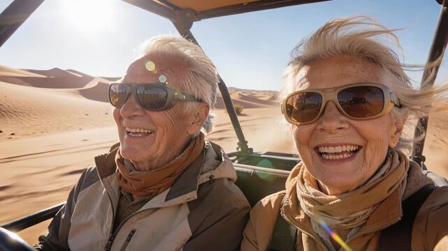 Contended couple begins lively expedition over sunlit sandy fields