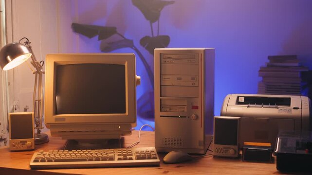 Retro pc computer gaming, Desktop vintage with loading code console, programmer making scripts, green basic screen, Old computer studio close-up, retro wave display, late 90s PC.