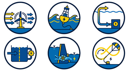 Fototapeta premium Six Flat Icons Representing Different Renewable Marine Energy Technologies