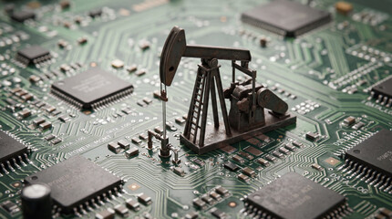Oil rig model sits on printed circuit board in creative display of technology and industry ideas