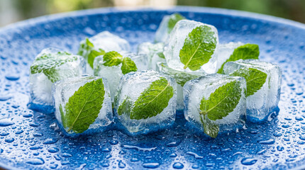 Fresh mint leaves frozen in ice cubes sit on a blue plate with water droplets in a sunny setting outside