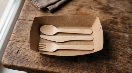 Wooden utensils on a brown tray placed on a wooden table in a casual dining setting during daytime